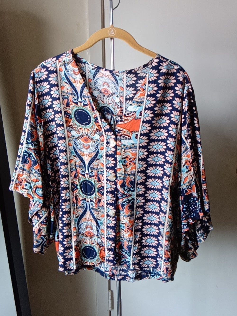 SHEIN Navy Floral Paisley Kimono Sleeve Tunic with Coral Accents